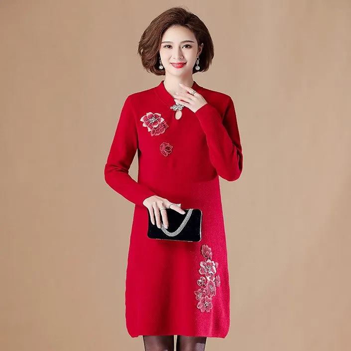 Floral Embroidery Key Hole Neck Long Sleeve Knee Length A-line Knit Dress