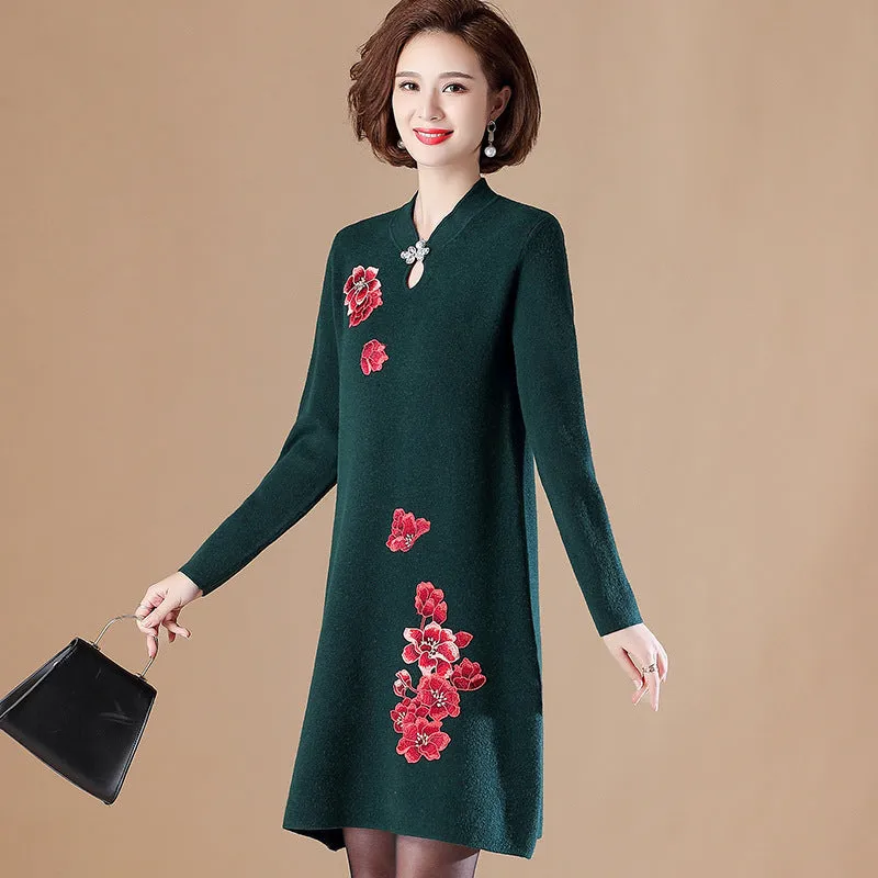 Floral Embroidery Key Hole Neck Long Sleeve Knee Length A-line Knit Dress