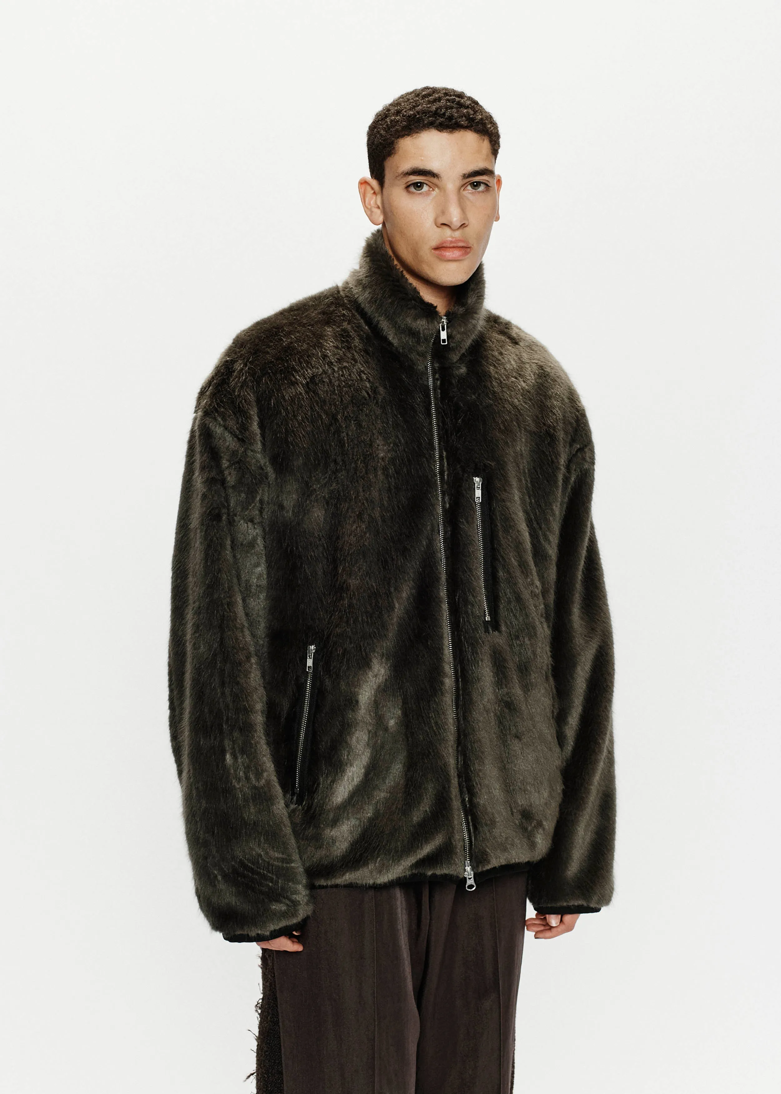Funnel Track Jacket - Faux Fur (Charcoal)