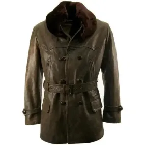 Fur Collar Vintage Leather Pea Coat – Classic & Stylish