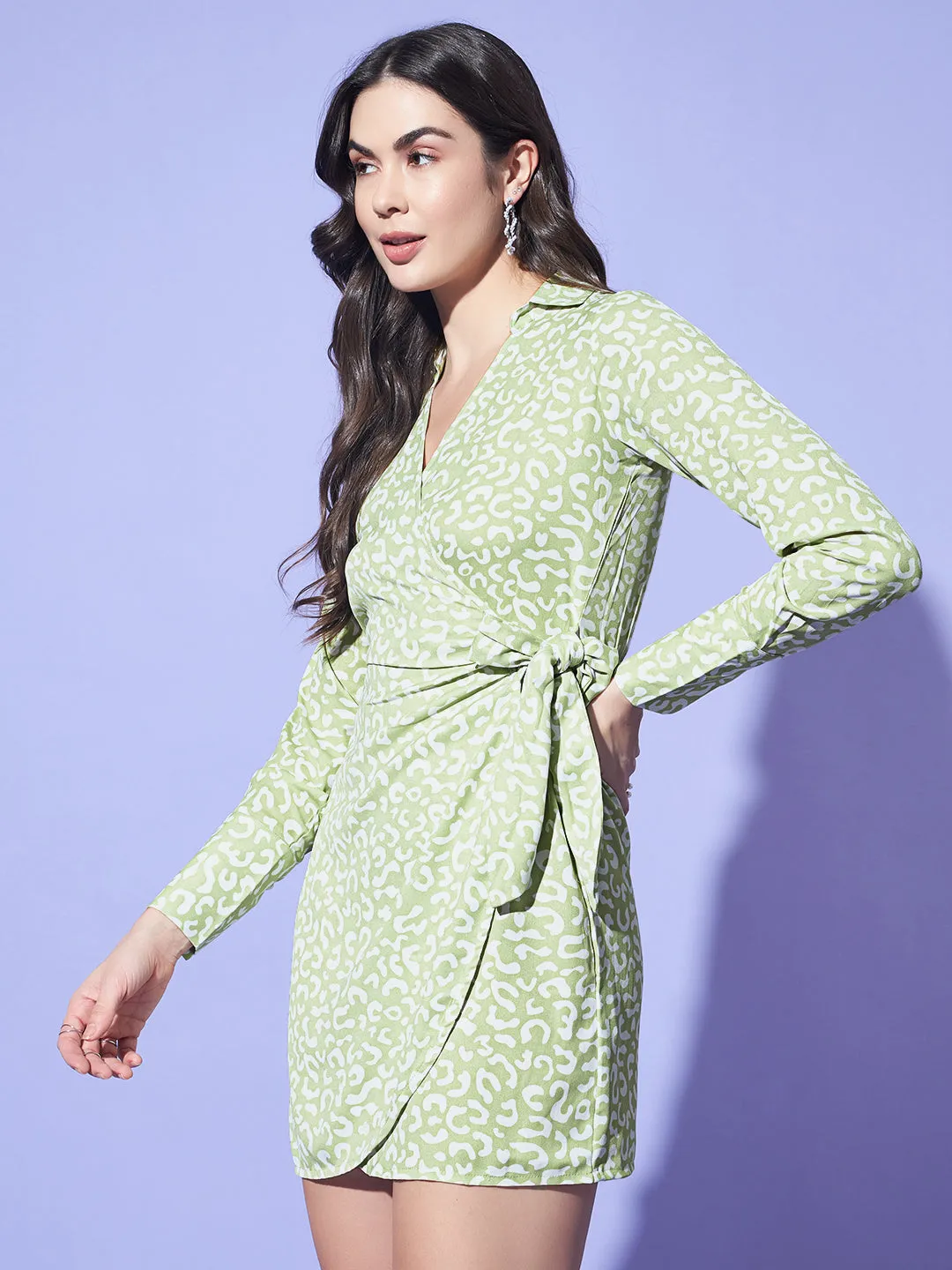 Green Abstract Print Wrap Around Dress