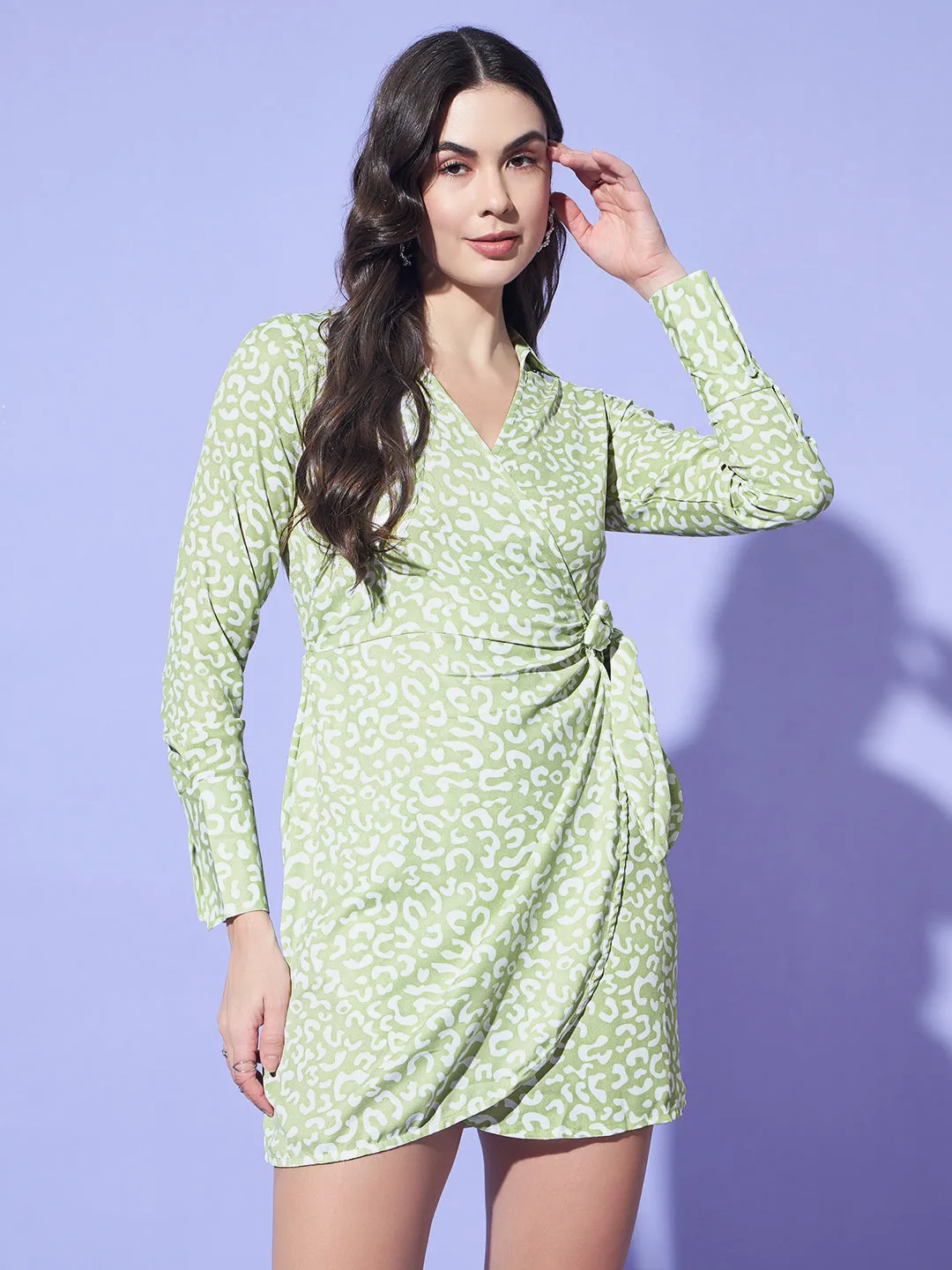 Green Abstract Print Wrap Around Dress
