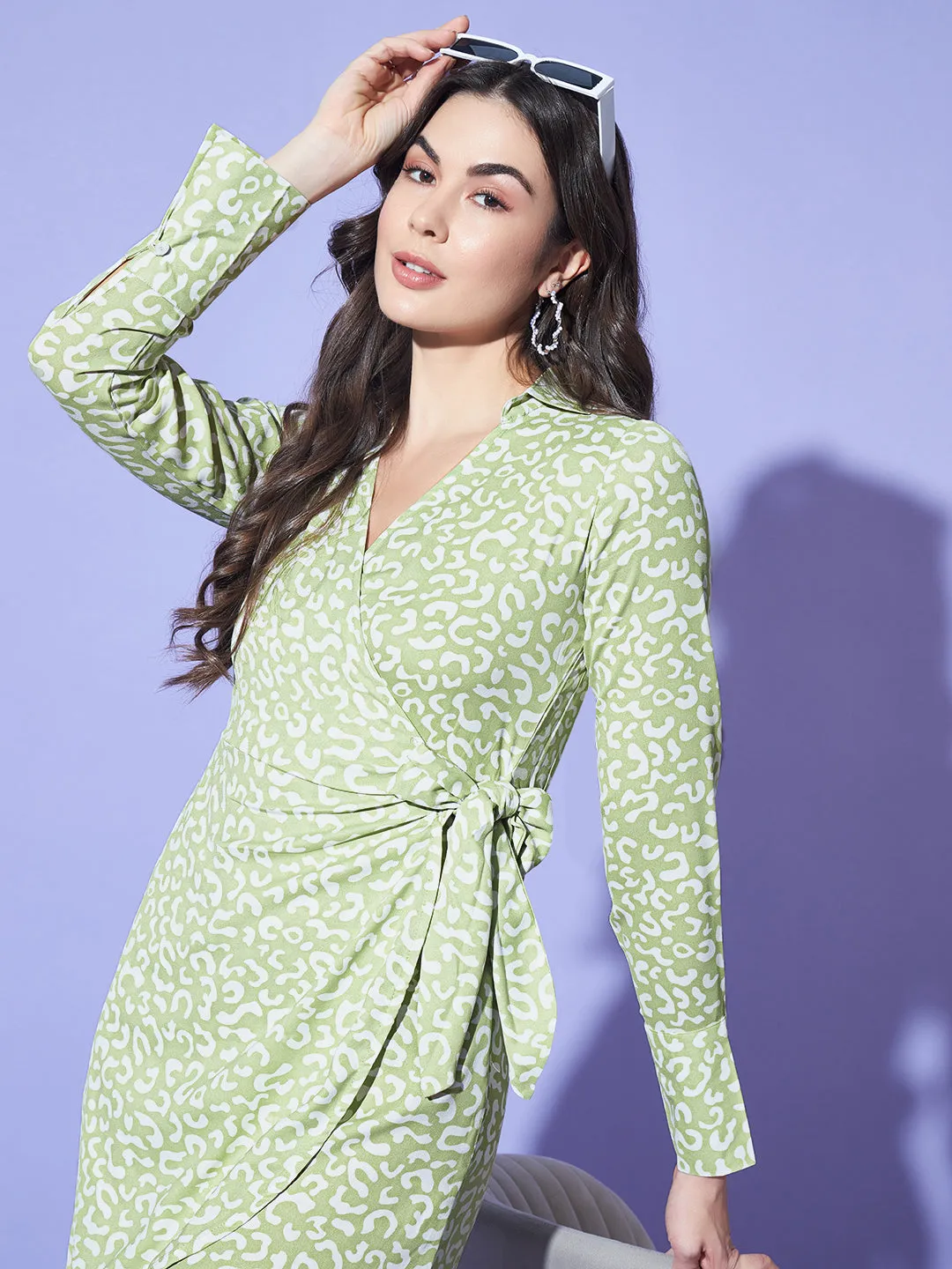Green Abstract Print Wrap Around Dress