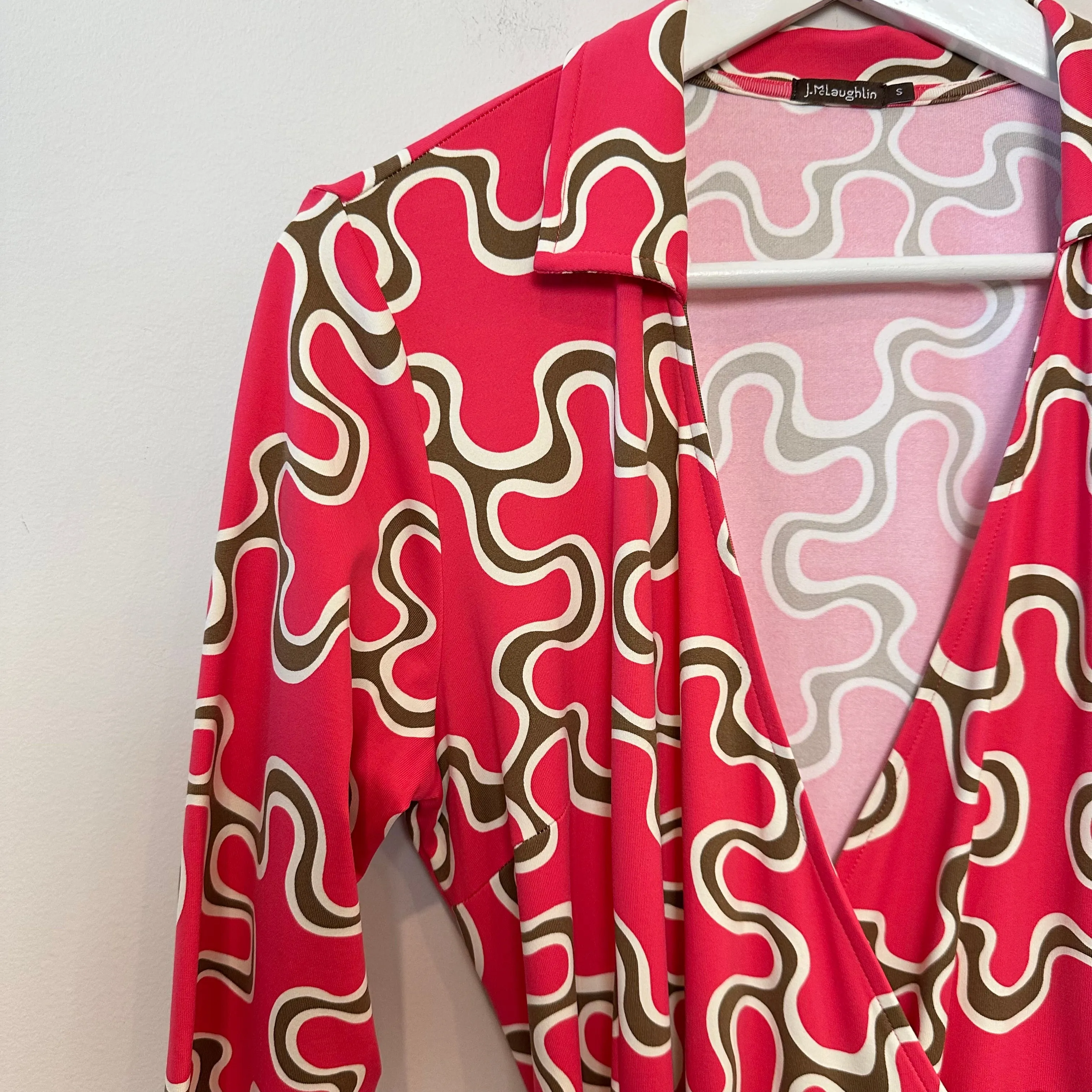 J. McLaughlin Lila Shirt Collar Wrap Dress Pink Brown Geometric Pattern Small