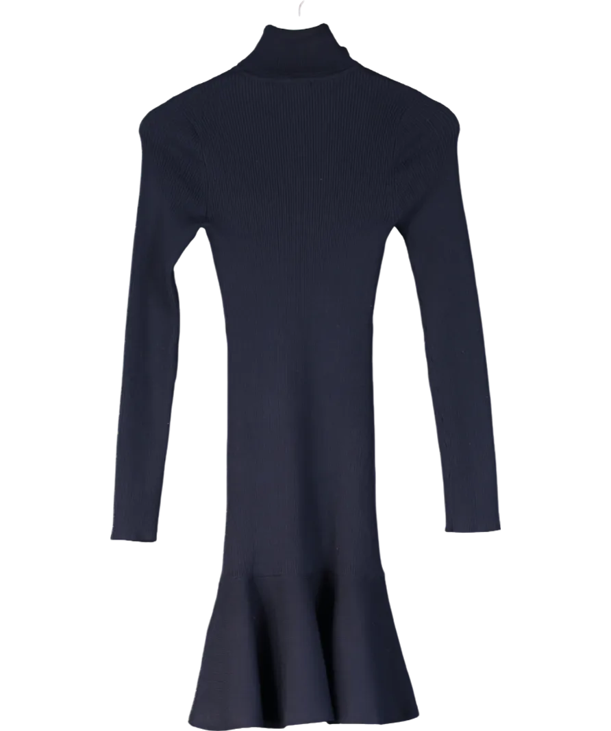 Karen Millen Blue Viscose Blend Knit Roll Neck Belted Flippy Hem Mini Dress UK XS