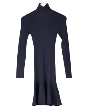 Karen Millen Blue Viscose Blend Knit Roll Neck Belted Flippy Hem Mini Dress UK XS