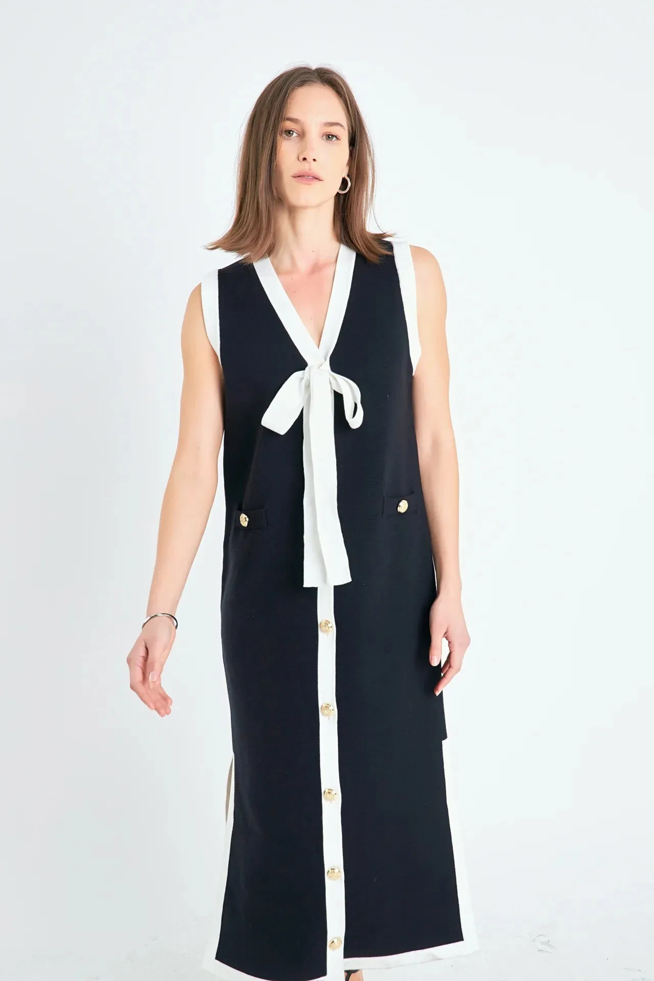 Knit Midi Dress with Ribbon Tie | Navy White