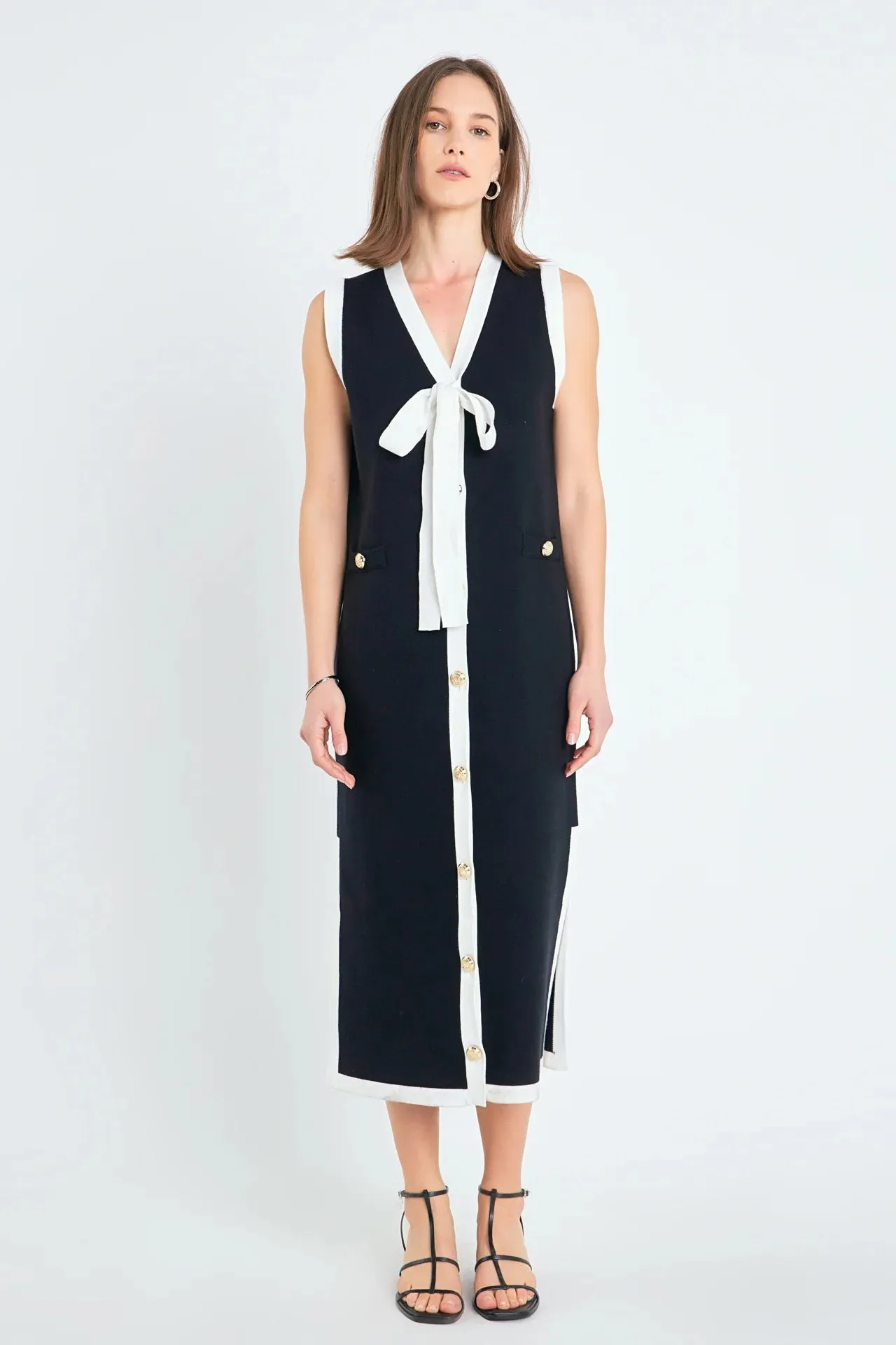 Knit Midi Dress with Ribbon Tie | Navy White