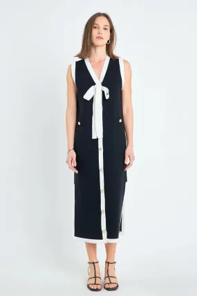Knit Midi Dress with Ribbon Tie | Navy White