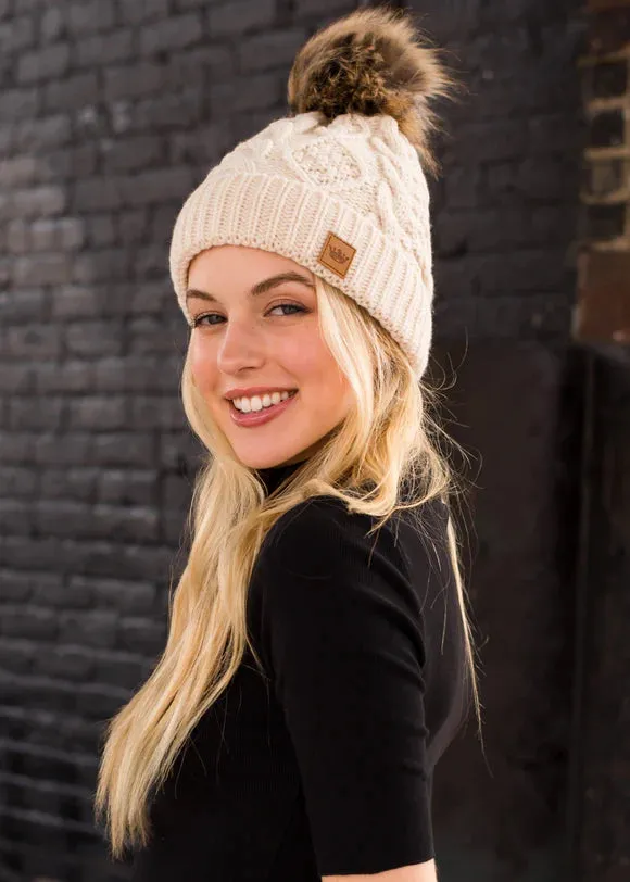 Knit Pom-Pom Beanie Hat-Beige