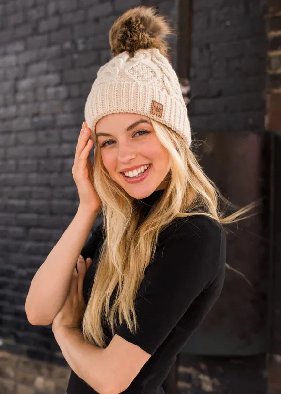 Knit Pom-Pom Beanie Hat-Beige