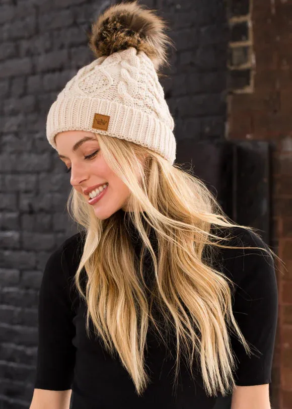 Knit Pom-Pom Beanie Hat-Beige