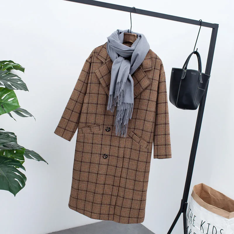 Lapel Collar Plaid Wool Blend Women Oversized Peacoat