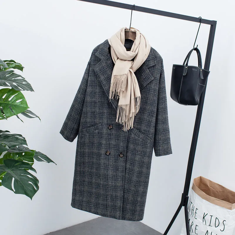 Lapel Collar Plaid Wool Blend Women Oversized Peacoat