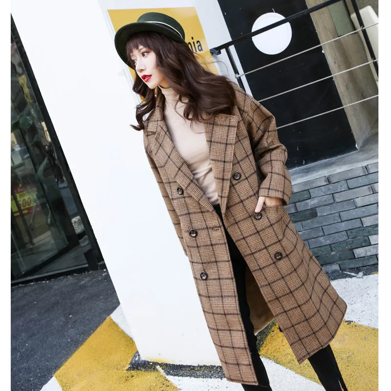 Lapel Collar Plaid Wool Blend Women Oversized Peacoat