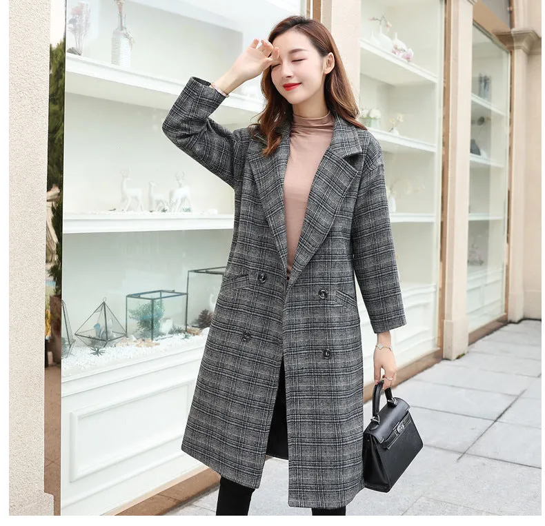 Lapel Collar Plaid Wool Blend Women Oversized Peacoat