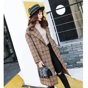 Lapel Collar Plaid Wool Blend Women Oversized Peacoat