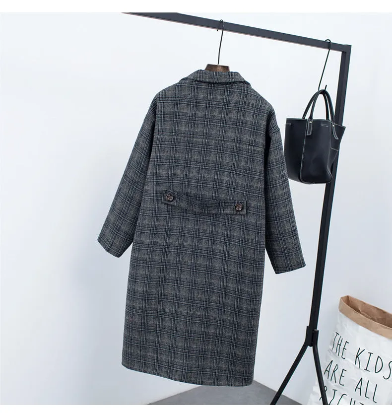 Lapel Collar Plaid Wool Blend Women Oversized Peacoat