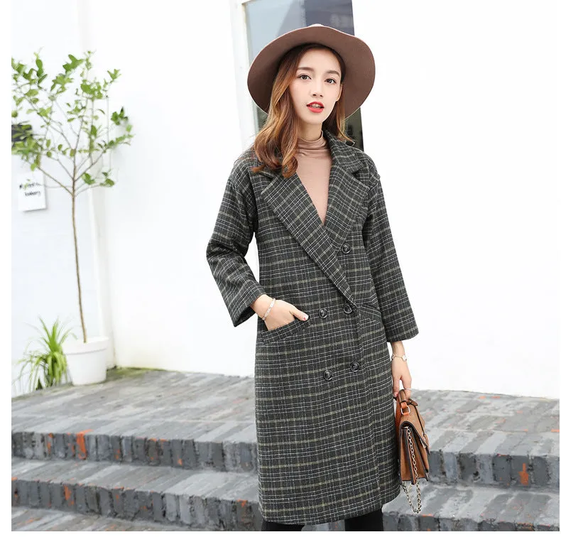 Lapel Collar Plaid Wool Blend Women Oversized Peacoat