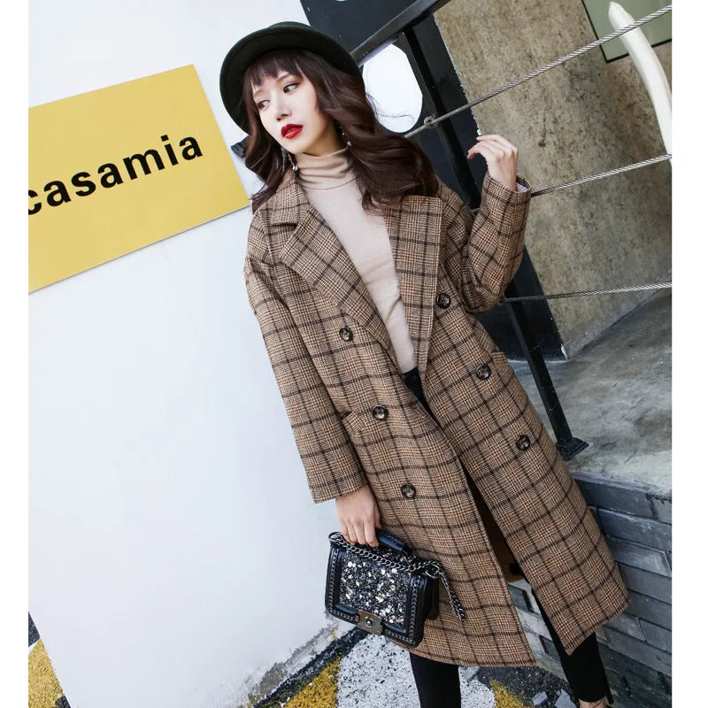 Lapel Collar Plaid Wool Blend Women Oversized Peacoat