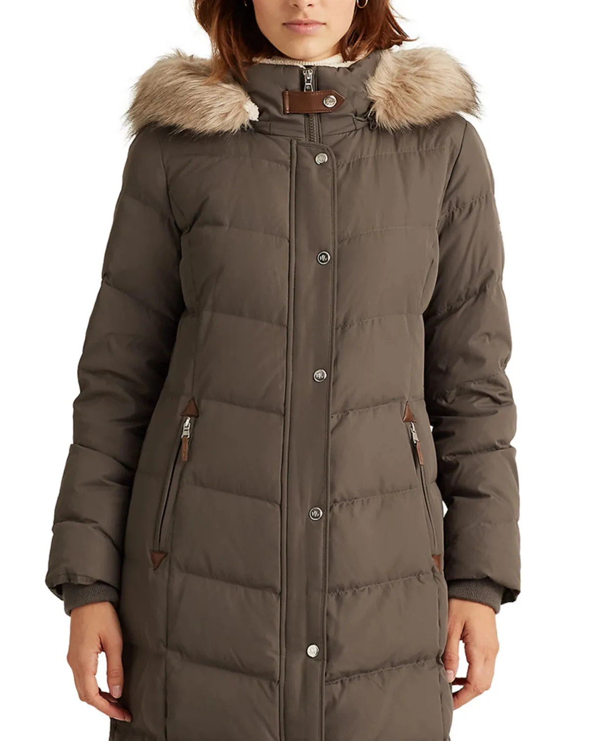 Lauren Ralph Lauren Women's Faux-Fur-Trim Hooded Down Puffer Coat  Color Gray Size XL