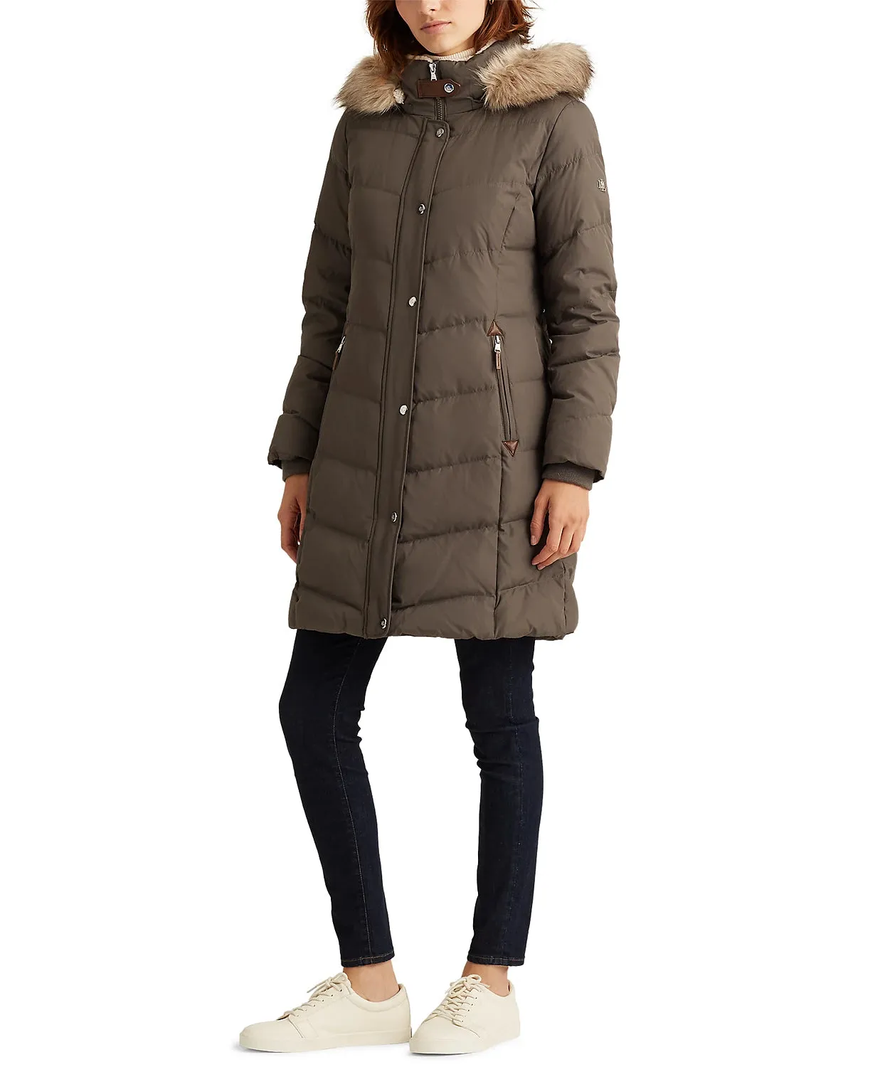 Lauren Ralph Lauren Women's Faux-Fur-Trim Hooded Down Puffer Coat  Color Gray Size XL