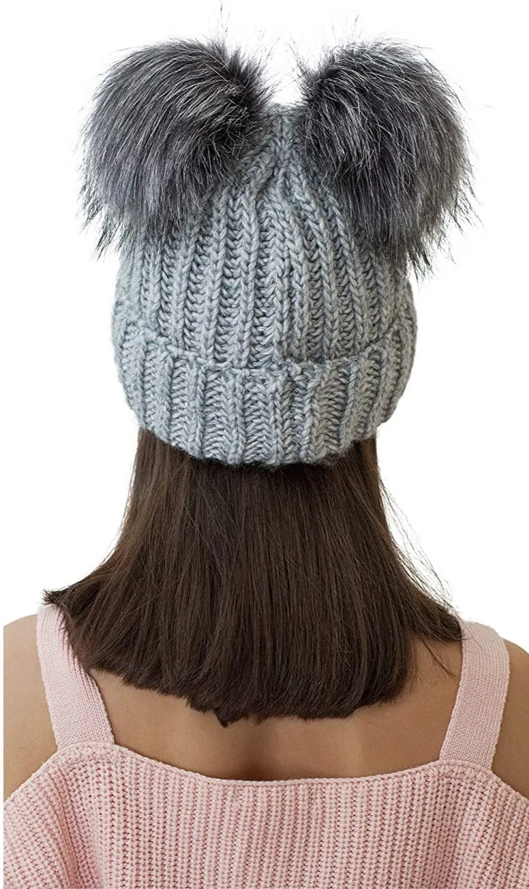 Light Grey Cable Knit Winter Warm Women's Fur Pom Pom Hat