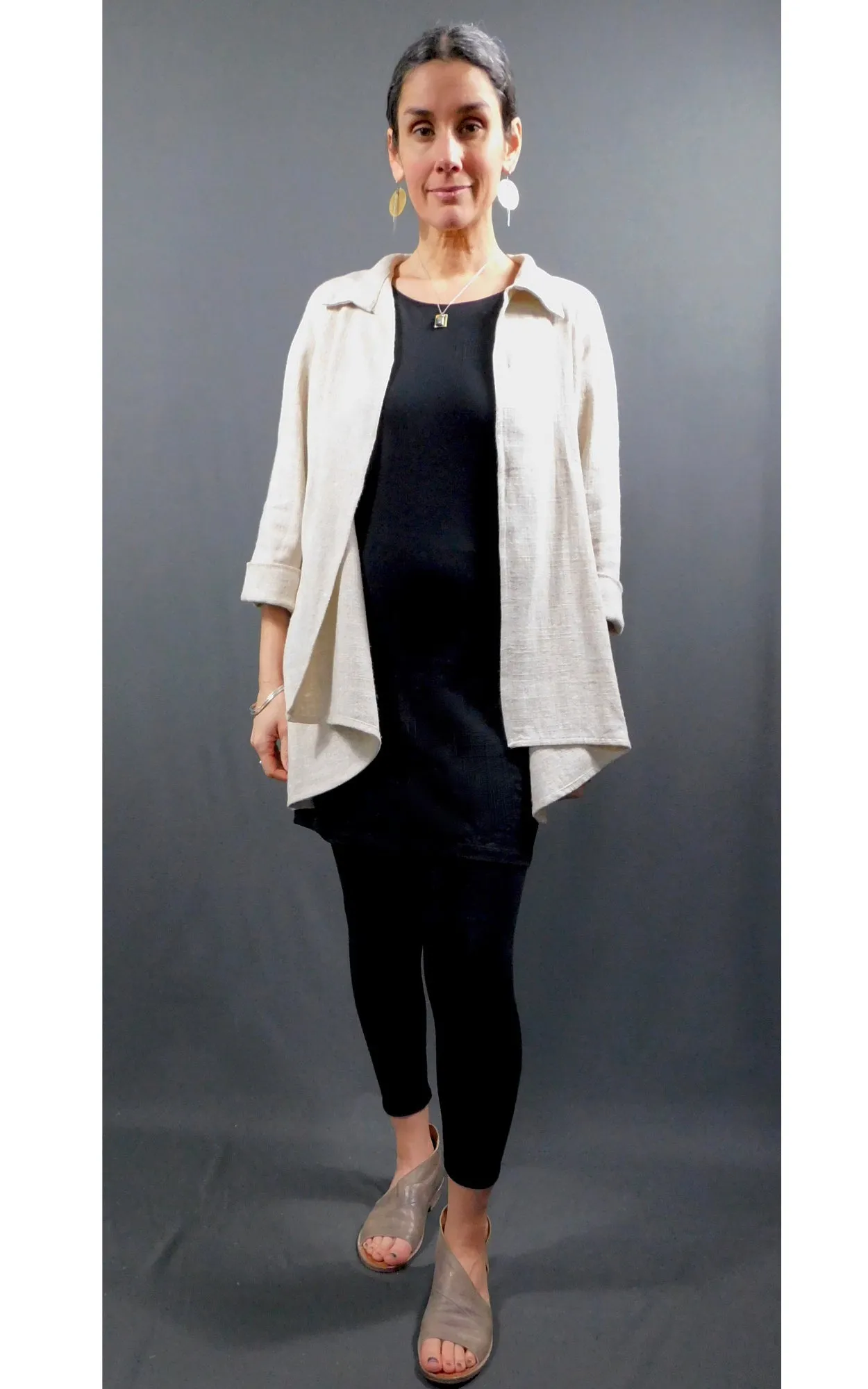 LINEN Viscose - Raglan 3/4 Sleeve Open Shirt Jacket - Oatmeal