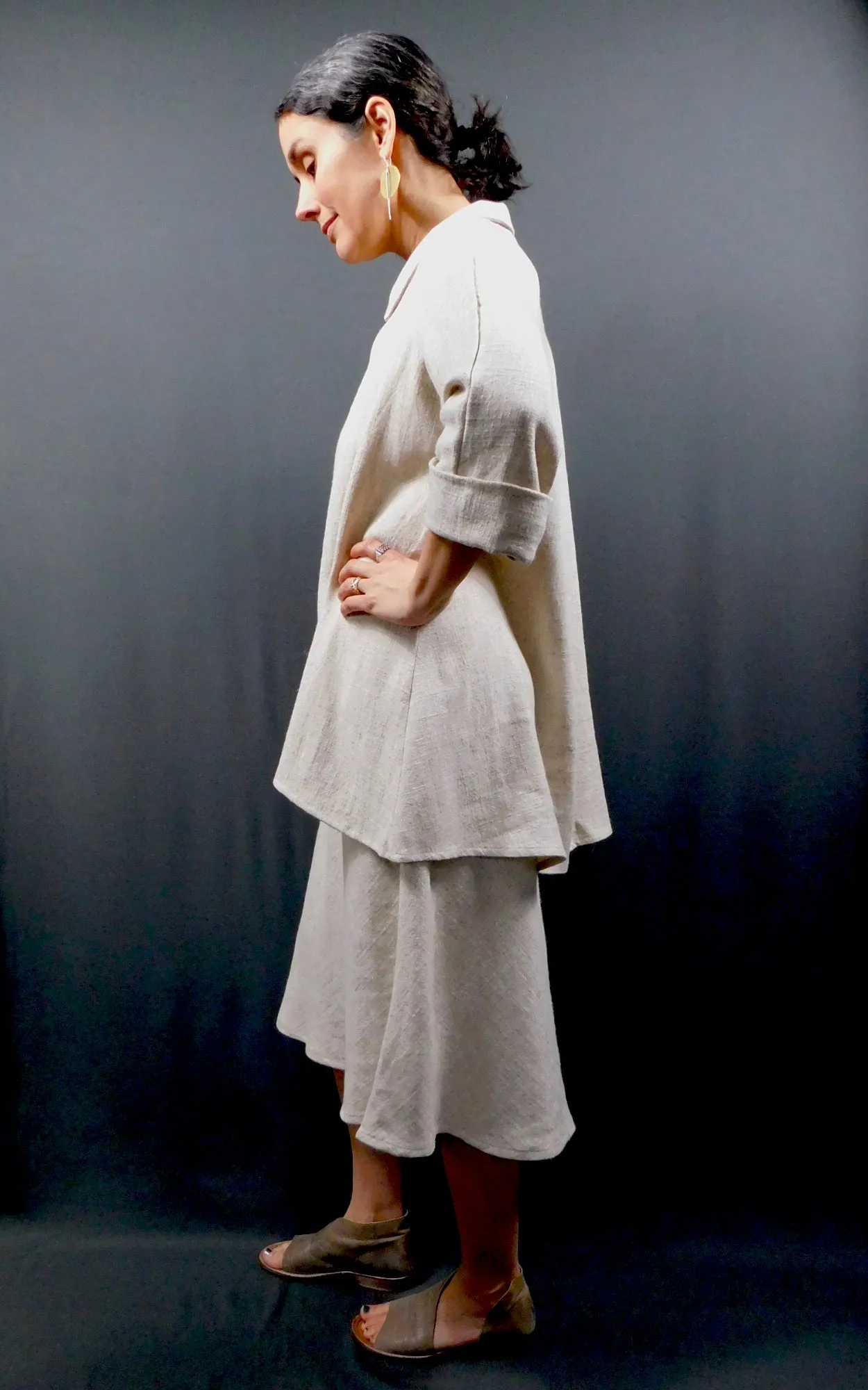 LINEN Viscose - Raglan 3/4 Sleeve Open Shirt Jacket - Oatmeal