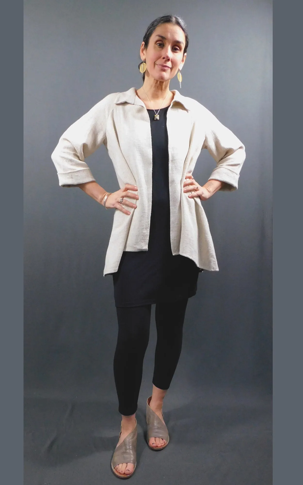LINEN Viscose - Raglan 3/4 Sleeve Open Shirt Jacket - Oatmeal