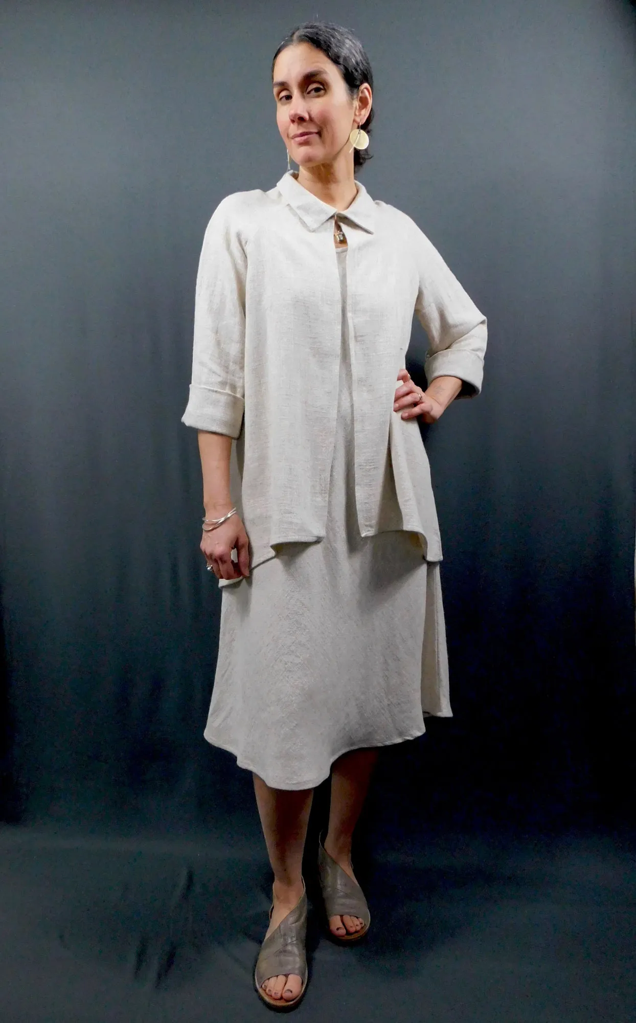 LINEN Viscose - Raglan 3/4 Sleeve Open Shirt Jacket - Oatmeal
