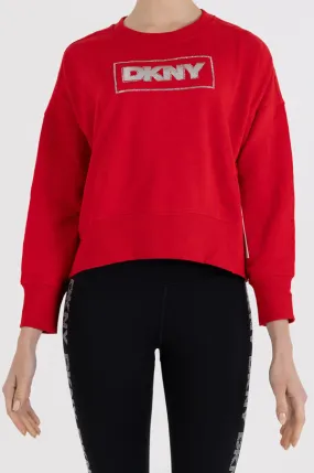 LONG SLEEVE CREW NECK FOIL RHINESTONE LOGO PULLOVER