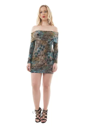 Long Sleeve Off Shoulder Print Knit Mini Bodycon Dress