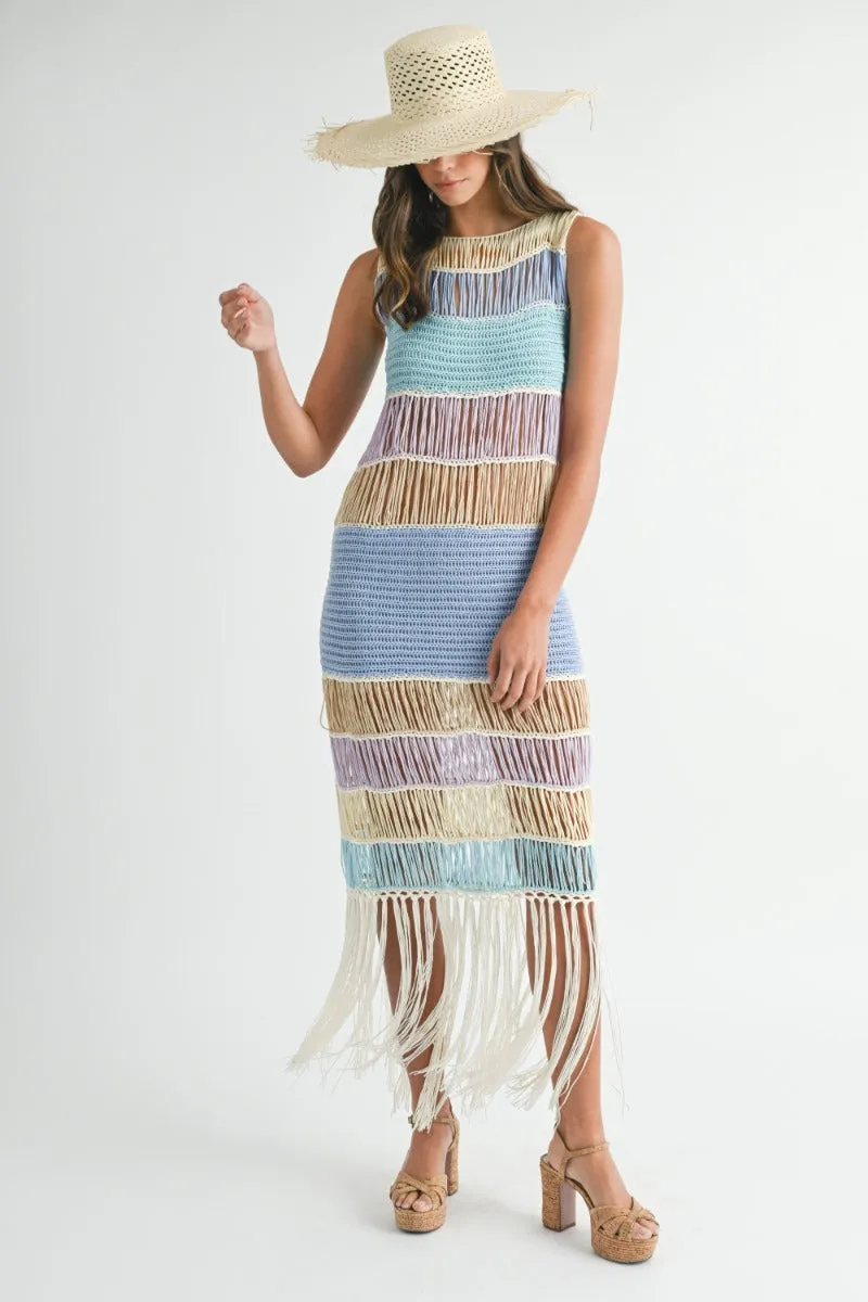 Luna | Fringe Crochet Midi Dress In Periwinkle