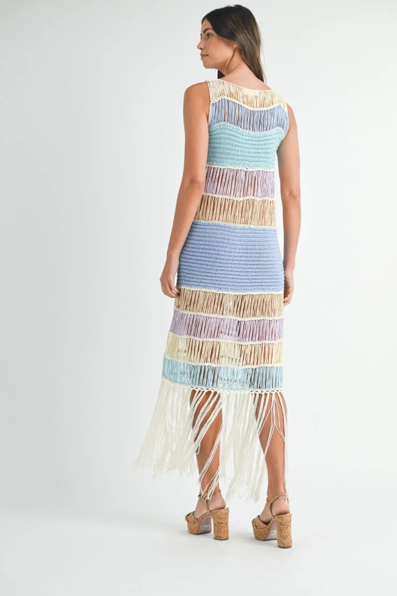 Luna | Fringe Crochet Midi Dress In Periwinkle