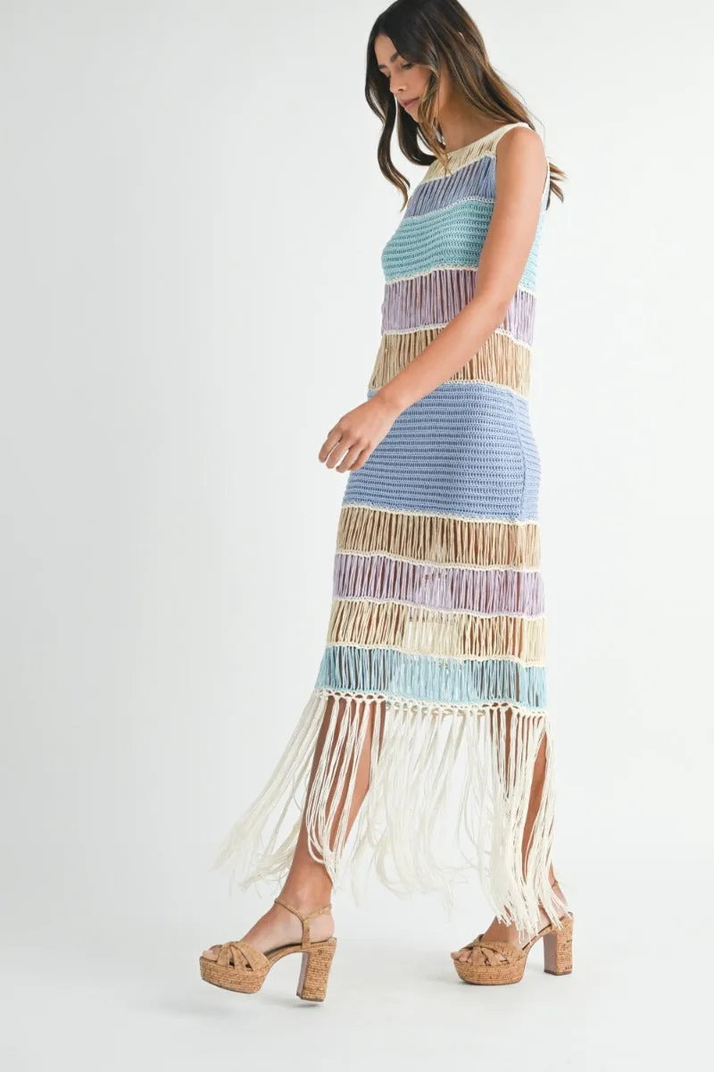 Luna | Fringe Crochet Midi Dress In Periwinkle