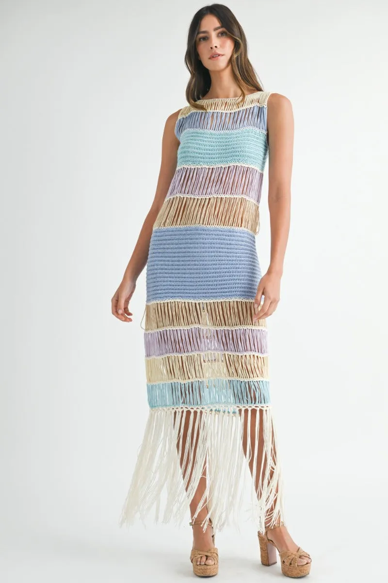 Luna | Fringe Crochet Midi Dress In Periwinkle