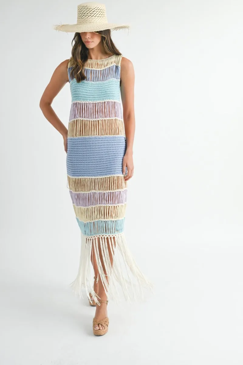 Luna | Fringe Crochet Midi Dress In Periwinkle