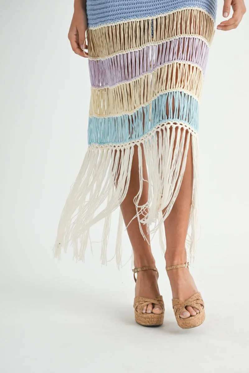 Luna | Fringe Crochet Midi Dress In Periwinkle
