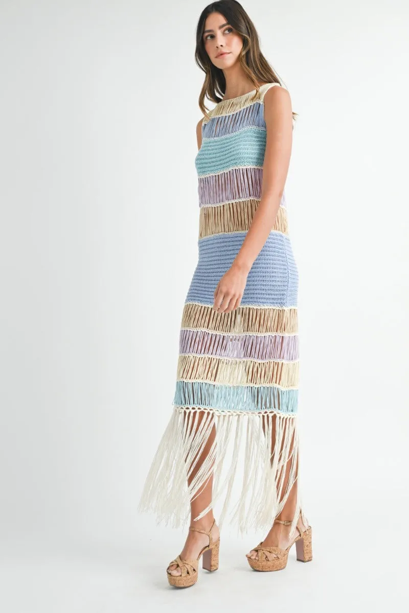 Luna | Fringe Crochet Midi Dress In Periwinkle