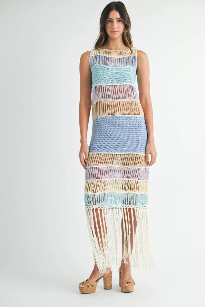 Luna | Fringe Crochet Midi Dress In Periwinkle
