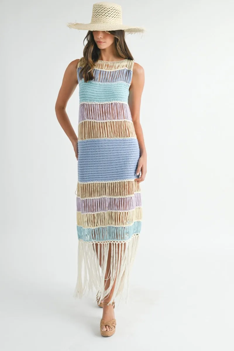 Luna | Fringe Crochet Midi Dress In Periwinkle
