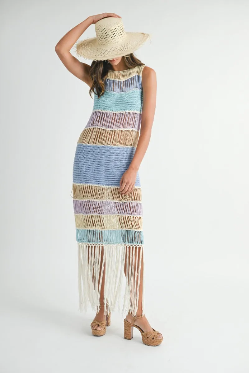 Luna | Fringe Crochet Midi Dress In Periwinkle