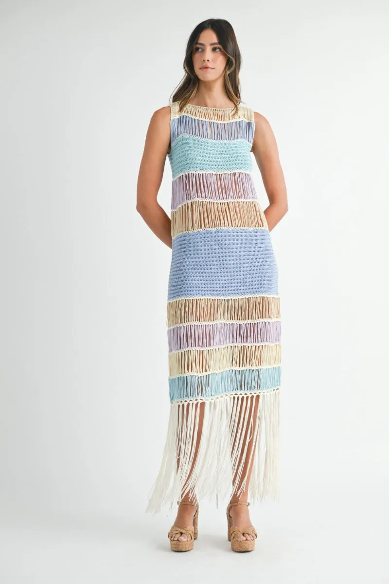 Luna | Fringe Crochet Midi Dress In Periwinkle