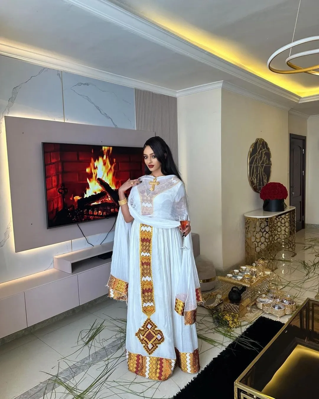 Luxurious Multicolored Habesha Dress: Modern Look with Short Sleeved Traditional Ethiopian Dress