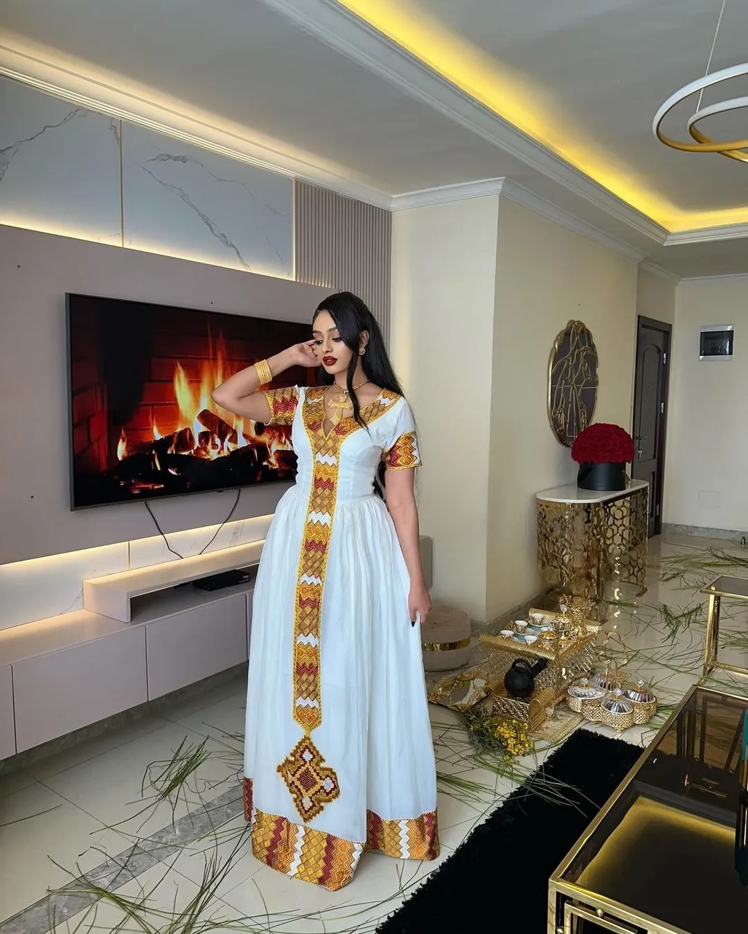 Luxurious Multicolored Habesha Dress: Modern Look with Short Sleeved Traditional Ethiopian Dress