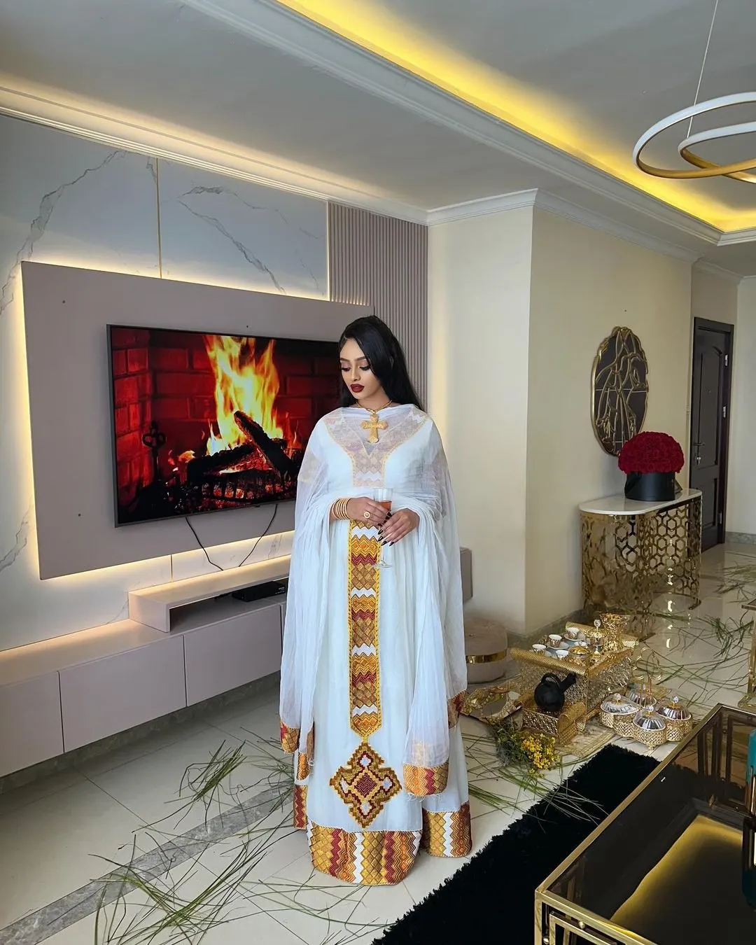 Luxurious Multicolored Habesha Dress: Modern Look with Short Sleeved Traditional Ethiopian Dress