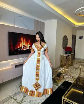 Luxurious Multicolored Habesha Dress: Modern Look with Short Sleeved Traditional Ethiopian Dress