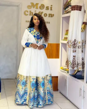 Magical Blue Traditional Ethiopian Dress: with Geometrical Golden Adornments Habesha Dress Stunning Habesha Kemis