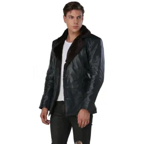 Men's Navy Blue Leather Coat